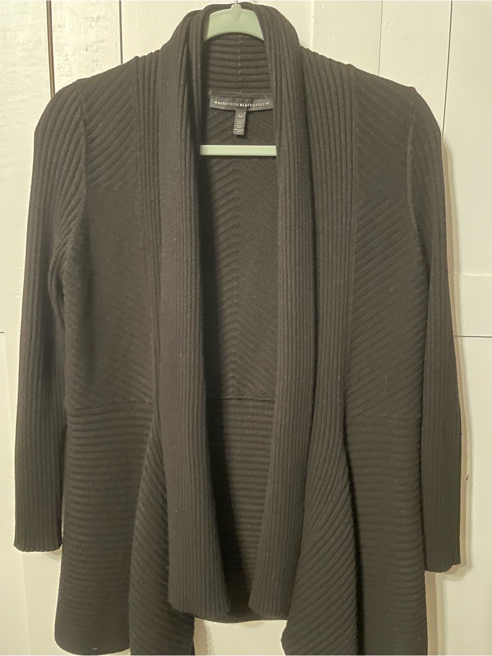 White House Black Market Black Ribbed Open-Front Draped Cardigan